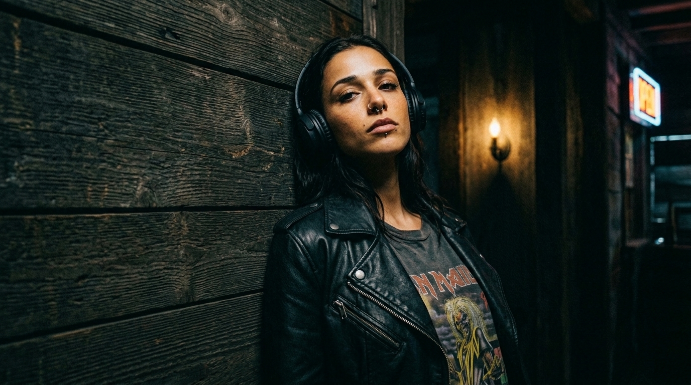 Lara, a anarquista, com fones e baixo diante do fogo